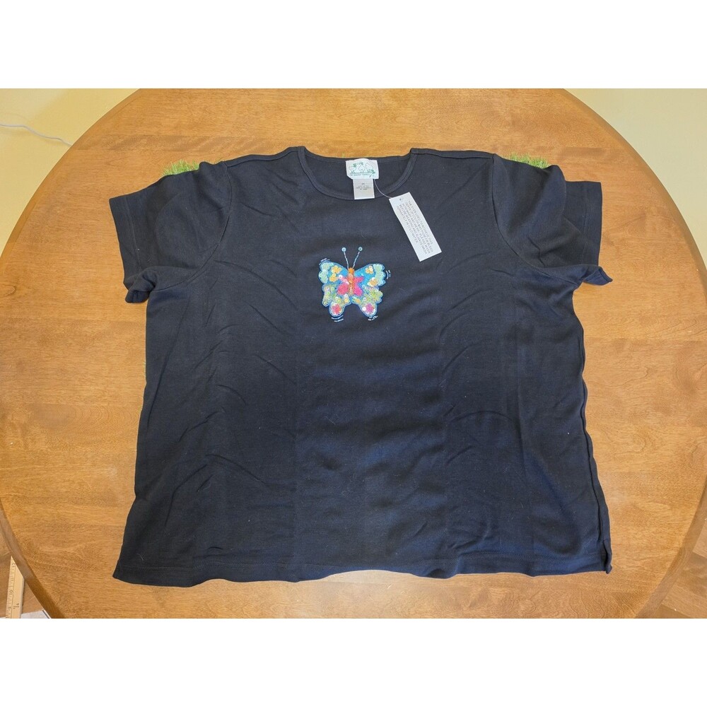 Quaker Factory Shirt Womens 2X Black Embellished Butterfly Sequin Blouse Top NWT